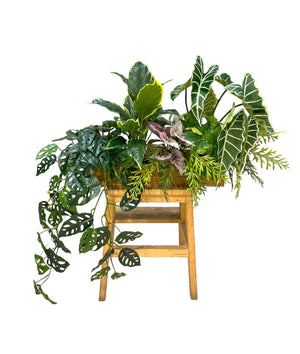 Open image in slideshow, Artificial Foliage and Hanging Monstera Arrangement in Wooden Planter
