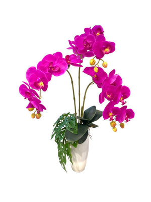 Open image in slideshow, Artificial Triple-Stalk Phalaenopsis Orchid Arrangement in White Vase with Mini Monstera
