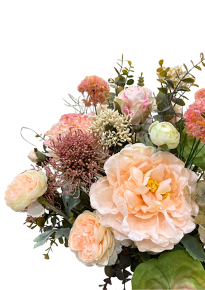 Artificial Pastel Peonies and Ranunculus Floral Arrangement in White Tinted Glass Bowl