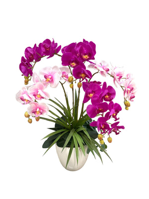 Open image in slideshow, Artificial 5-Stalk Phalaenopsis Orchid Arrangement with Long Orchid Leaves
