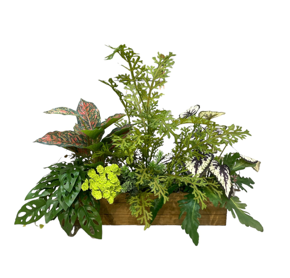 Artificial Foliage Arrangement in Wooden Planter – mingsing flowers