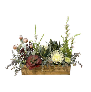 Open image in slideshow, Artificial Succulent and Foliage Arrangement in Wooden Planter
