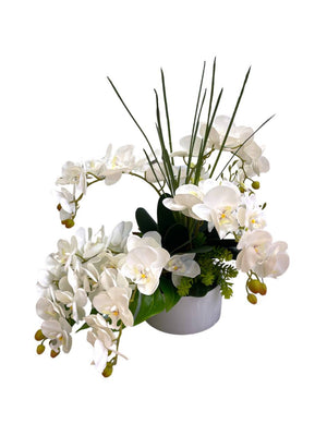 Open image in slideshow, Artificial 6-Stalk Phalaenopsis Orchid Arrangement in White Glass
