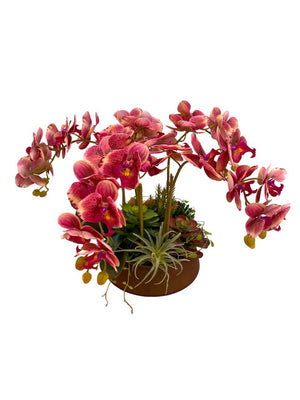 Open image in slideshow, Artificial 5-Stalk Phalaenopsis Orchid Arrangement in Brown Tinted Glass Bowl
