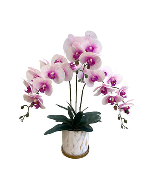 Open image in slideshow, Artificial Triple-Stalk Phalaenopsis Orchid Arrangement in Marble Design Pot
