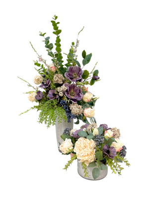 Open image in slideshow, Artificial Purple Magnolia Arrangements in White Glass Vase
