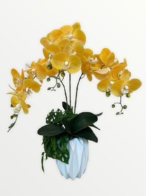 Open image in slideshow, Artificial Triple-Stalk Phalaenopsis Orchid in Design-Cut Pot
