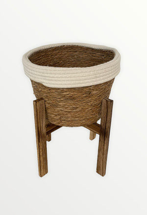 Open image in slideshow, White &amp; Brown Basket with Wooden Stand
