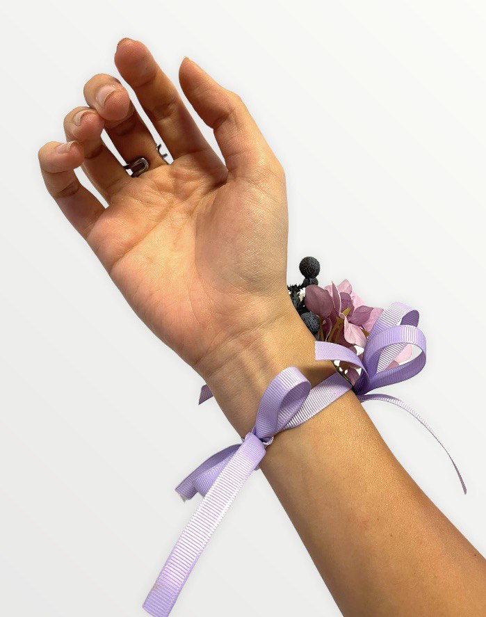 Purple & Cream Artificial Flowers Wrist Corsage With Ribbon Strap