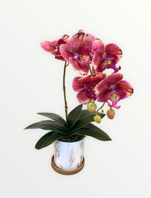 Open image in slideshow, Artificial Single-Stalk Phalaenopsis Orchid in Round Marble-Design Pot
